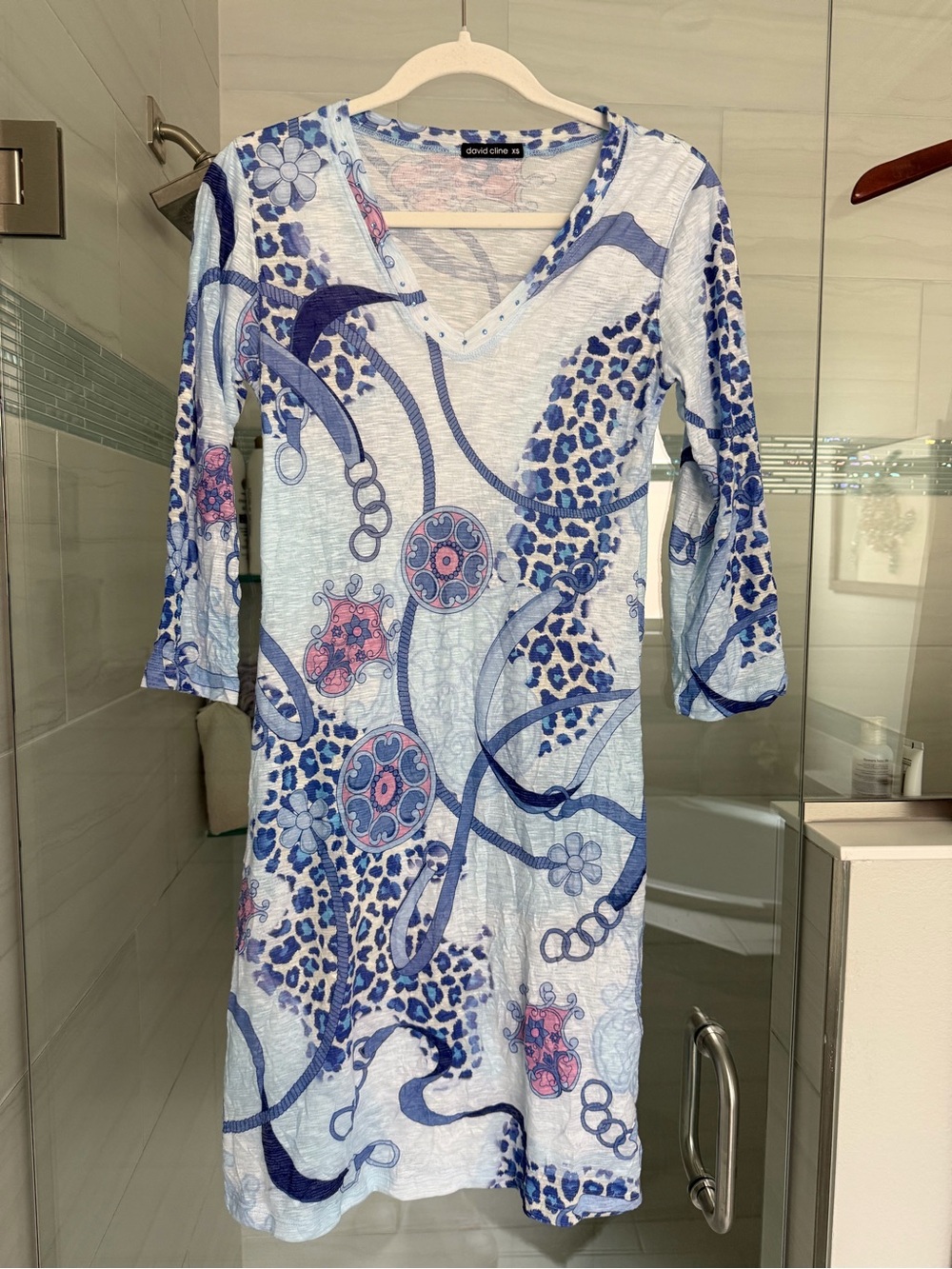 David Cline Light Blue, Navy & Pink Printed V-Neck Midi Dress
